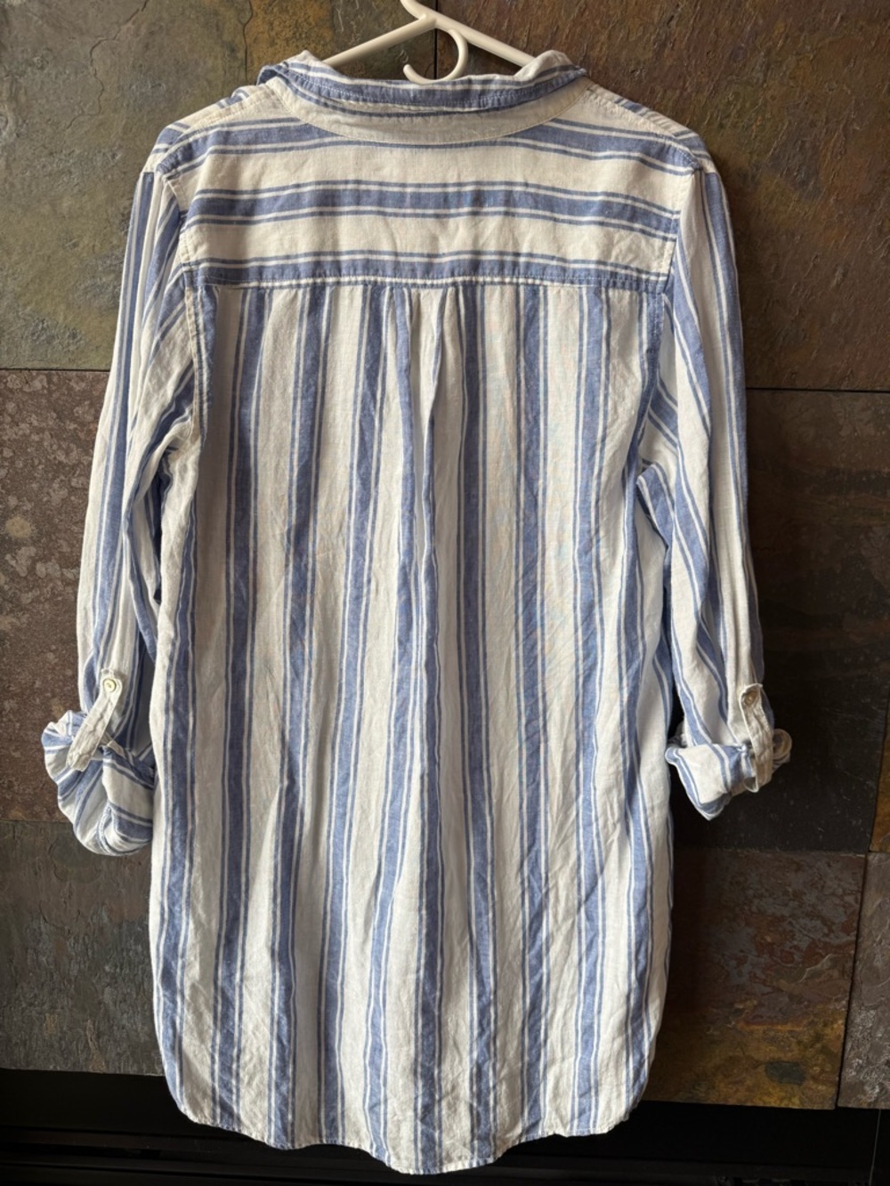 Saint Tropez West linen long striped shirt L MOP buttons, shouts summer nights! - Picture 3 of 8